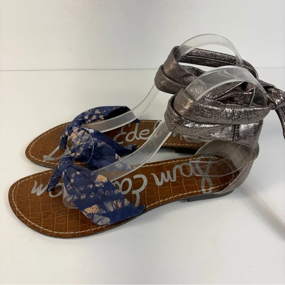 Sam Edelman Blue Tie-Front Sandals with Metallic Ankle Wrap - Picture 3 of 4